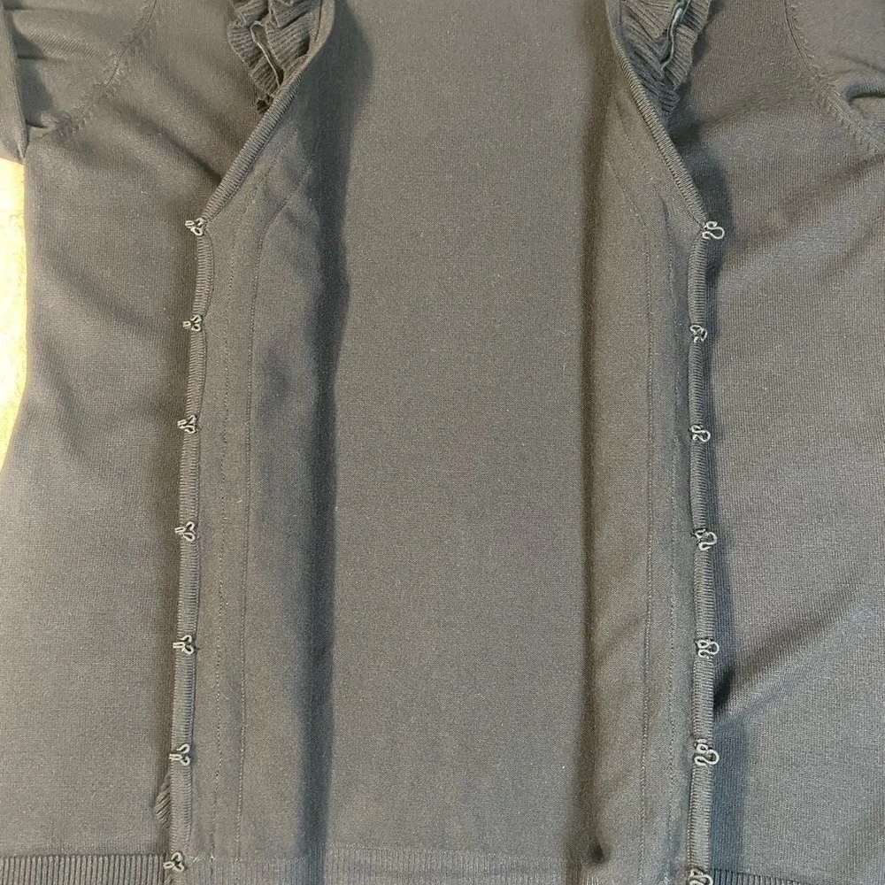 Chico’s Ruffled Black Dressy Cardigan Sweater Size 2 V-Neck Very Soft